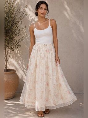 Rosie Posie Floral Mesh Maxi Skirt Sheer Overlay Romantic NWT Medium Elastic